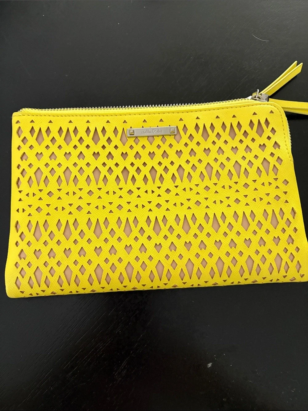 Stella & Dot Yellow Laser-Cut Wristlet with Nude Underlay